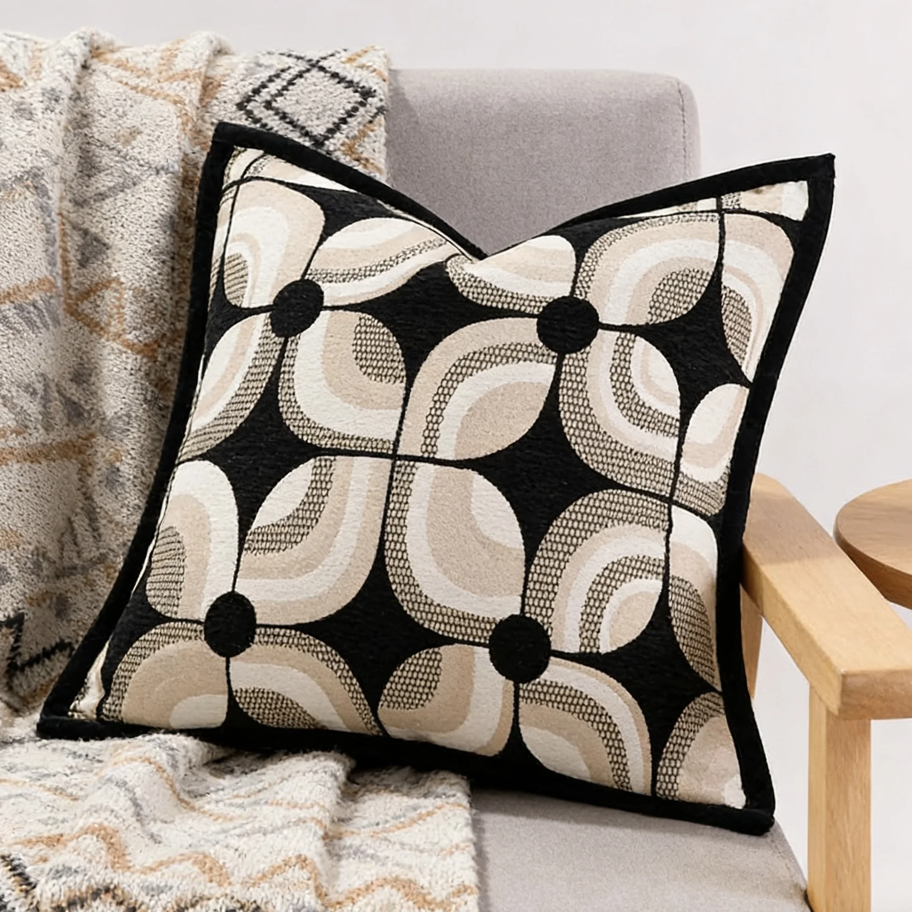 Luxurious Woven Geometric Black Chenille Armchair Sofa Throw Pillow Case 45x45cm Home Room Decor Cushion Cover 1 Piece Pack