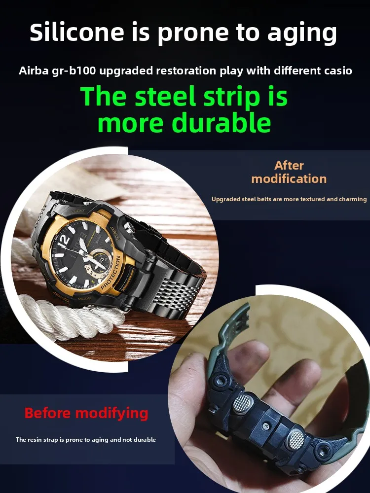 GR-B100 CASIO G-SHOCK GR B100/GB 시리즈 용 수정 된 금속 시계 밴드 솔리드 스테인레스 스틸 시계 스트랩 남성용 팔찌 액세서리