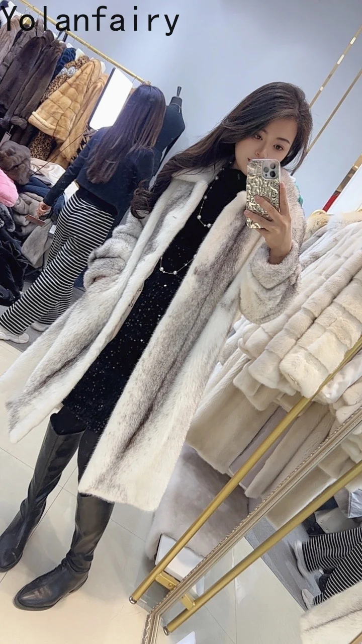 YOLANFAIRY Ekskluzywne płaszcze z naturalnego futra norek dla kobiet, zimowe płaszcze z naturalnego futra, damskie płaszcze z długim futrem z kwadratowym kołnierzem, Abrigos