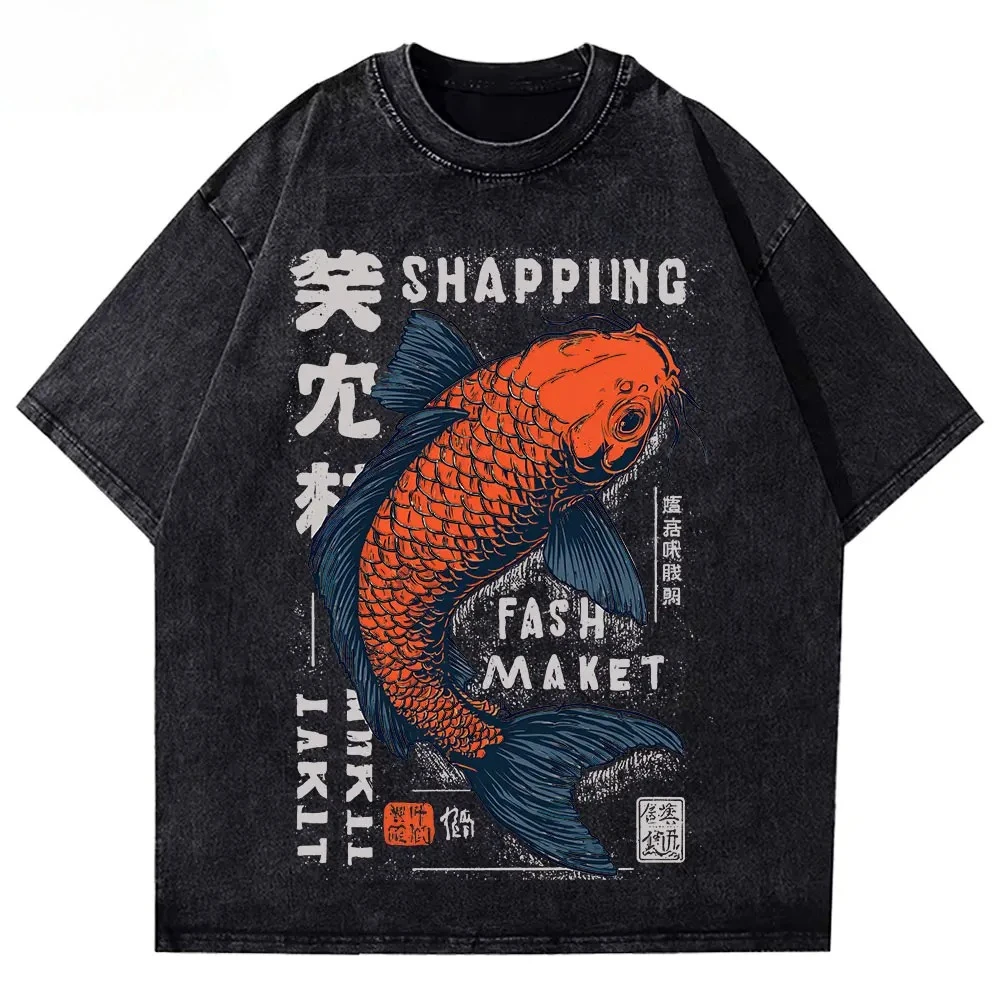 

Japanese Koi Fish Cloud Print Navy Blue with Orange Artwork Short Sleeved Round Neck Y2k Tshirt Men Clothing Tees Mens T-Shirt