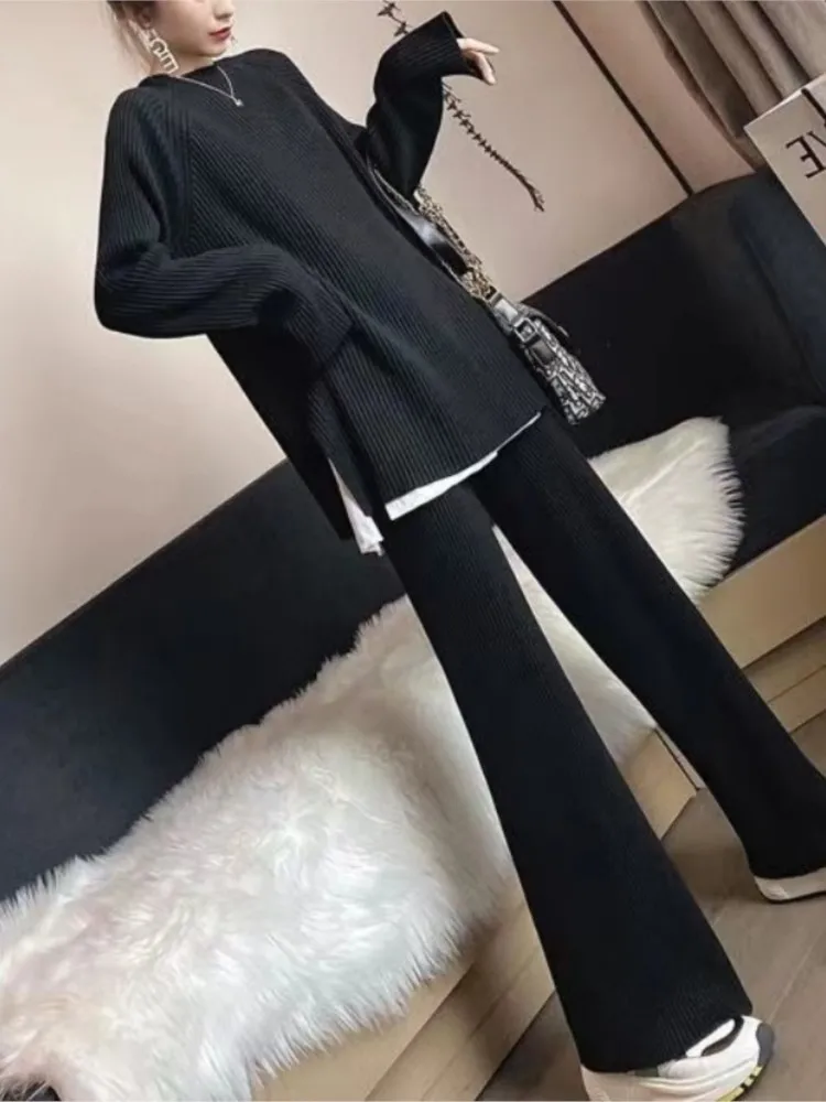 2024 New Autumn Winter Women\'s Knitted Sweater Suit Fashionable Slit Top Wide-leg Pants Fashionable Elegant Two-piece Set