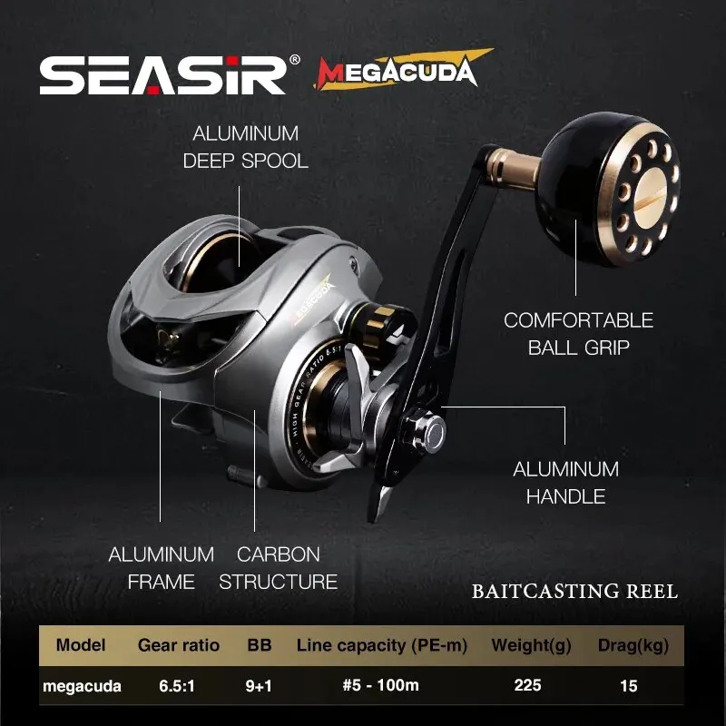 Seasir Megacuda Baitcasting Reel Drag 15KG Deep Spool 9+1BB 6.5:1 Aluminum Frame Carbon Side Jigging Metal Reel Seawater