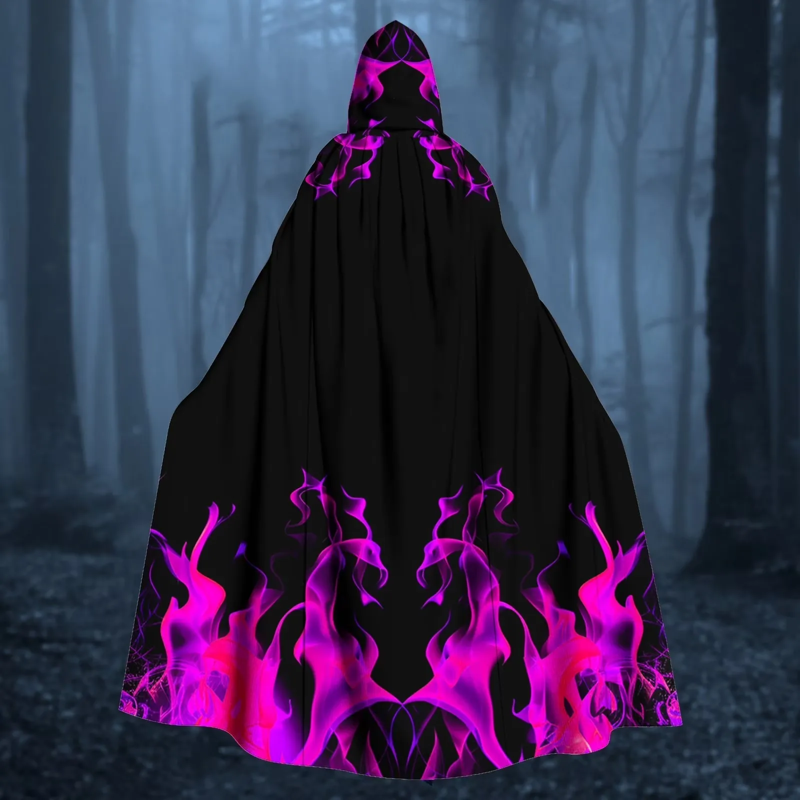 Purple Flame Print Hooded Cloak for Men Women Halloween Cosplay Medieval Wizard Witch Costume