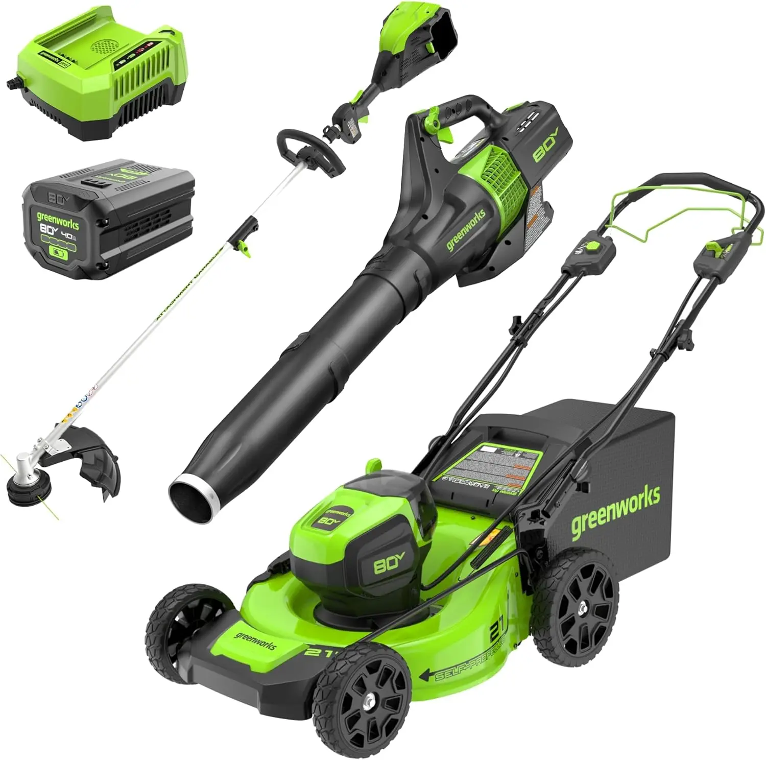 80V 21” Brushless (Self-Propelled) Cordless Electric Lawn Mower + (580 CFM) Axial Leaf Blower + 16” (Attachment Capable)