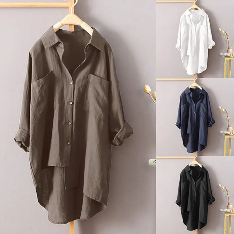 

Women's Spring Autumn Loose Long Cotton Linen irt Asymmetric Mid-Length Collar Sve Long Straight Cut Faion