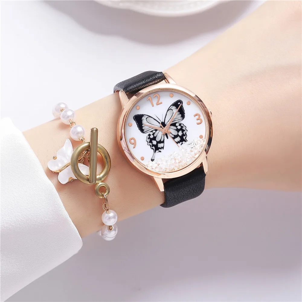 Temperament Fashion Simple Belt Ladies Watch Butterfly Pattern Rhinestone Quartz Tumblers Casual Watch Women