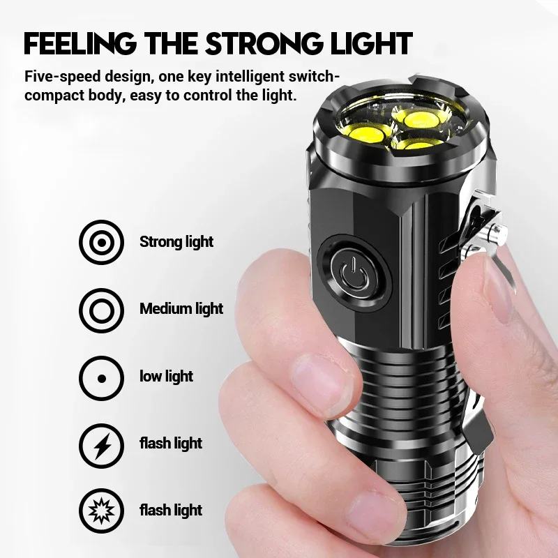 Mini Powerful 3*F350 LED Flashlight USB C Built-in Battery Rechargeable Torch 5 Modes Lamp with Tail Magnet Tactical Lantern