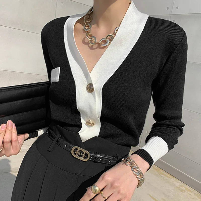 Black Chic Knitted Tops Women Golden Button V-neck Long-sleeve Cardigan Lady Business Korean Fashion Streetwear Sweaters