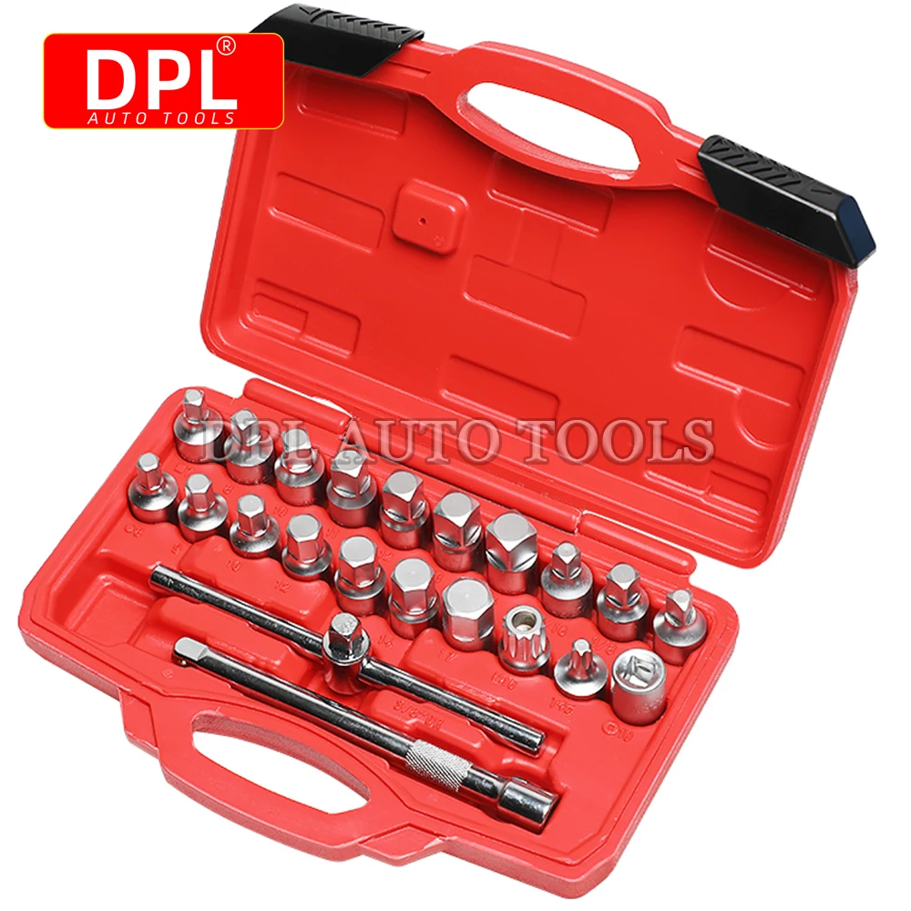 

22PCS Oil Drain Pipe Plug Socket Set Screws Removal Tool Triangle Square Hexagon T-bar Remover Sleeve Special Tools