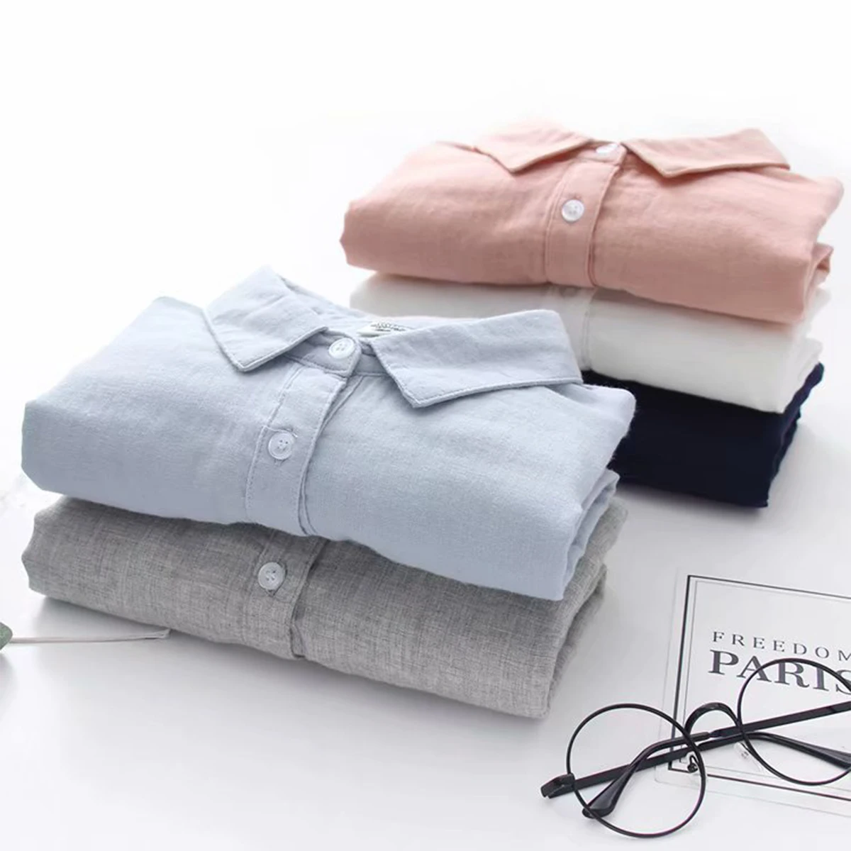 New Spring Women Double-layer Cotton Shirts Full Sleeve Pointed Collar  Loose Solid Casual Soft Blouse Office Lady Work T34407X