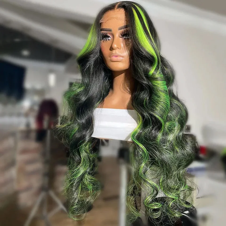 30 34 Inch Body Wave Lace Front Wig Highlight Green Lace Front Human Hair Wigs Colored Human Hair 13x4 13X6 HD Lace Frontal Wigs