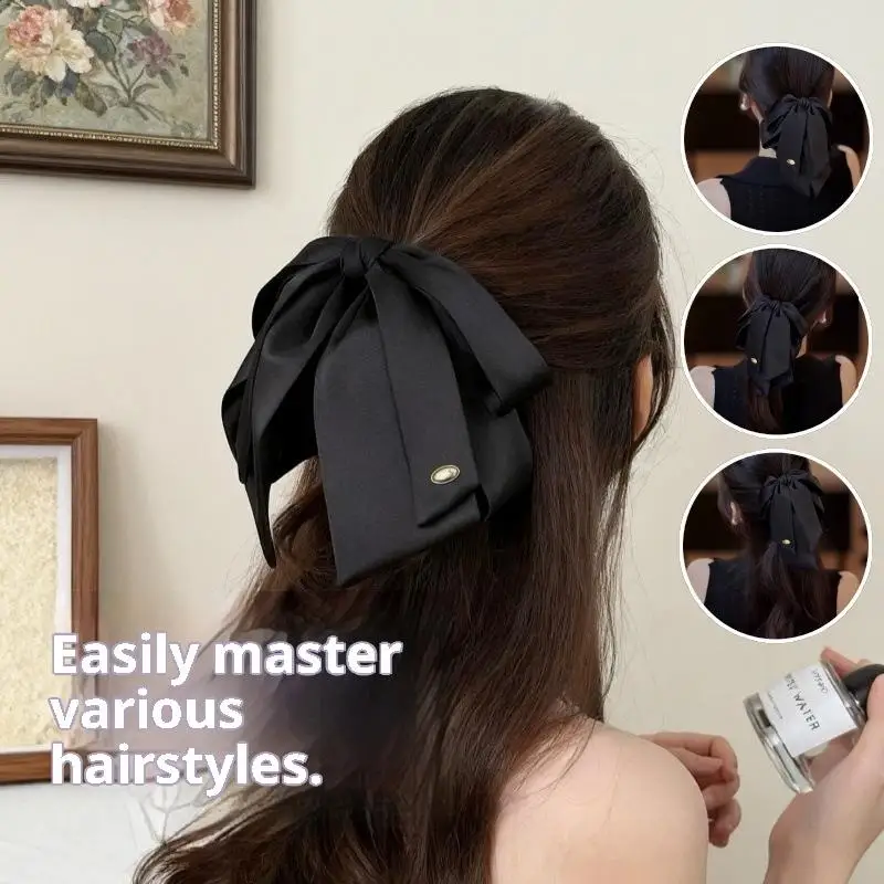 Simple Black Satin Bow Ponytail Clip For Women Girls Light Luxury Hair Clip Temperament Exquisite Hairpin Hair Accessories