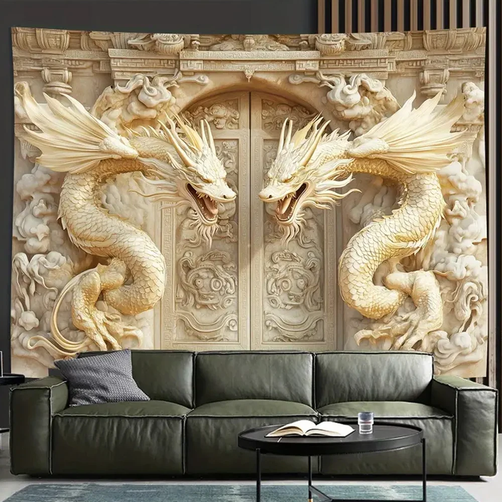 Stunning 3D Dragon Tapestry Wall Hanging with Intricate Carved & Cloud Design For Living Room Bedroom Vibrant Home Decor Gift