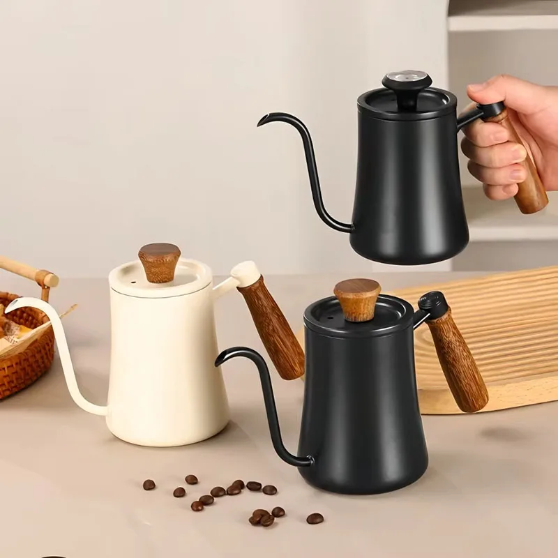 

550ML Portable Stainless Drip Jug Coffee Kettle With Thermometer Goose Neck Kettle Camping Coffee Pot Wooden Handle Tea Pot
