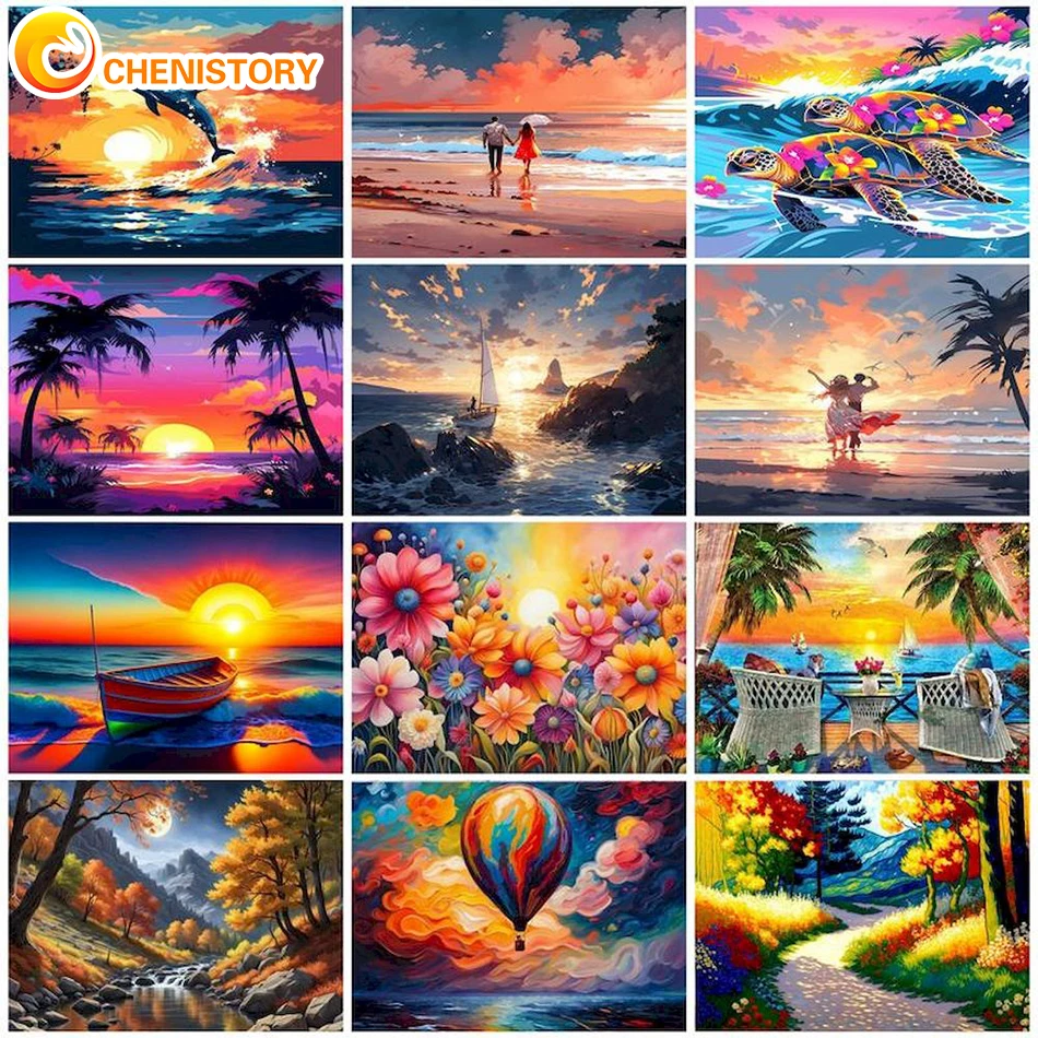 CHENISTORY DIY Painting By Number Kits For Adult Acrylic Paint On Canvas Drawing Seascape Starry Sky Coloring By Number Home Dec