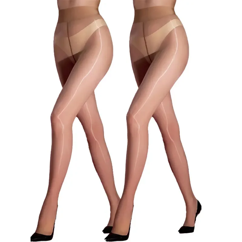 Women’s Oily Gloss Shiny Pantyhose, High Waist Control Top Reflective Sheer Tights, Light Golden Silk Spandex, Nude, 2/6 Pack for Daily & Party