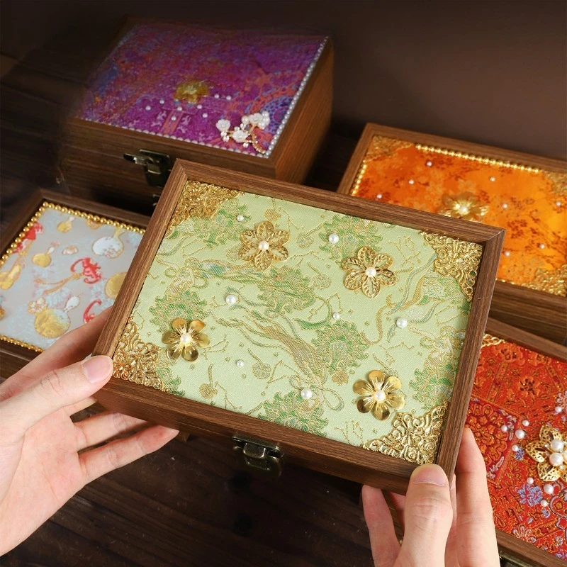 Chinese Retro Wooden Jewelry Box DIY Kit, Song Brocade Jewellery Storage Case Handcraft Material Pack for Team Building Gift