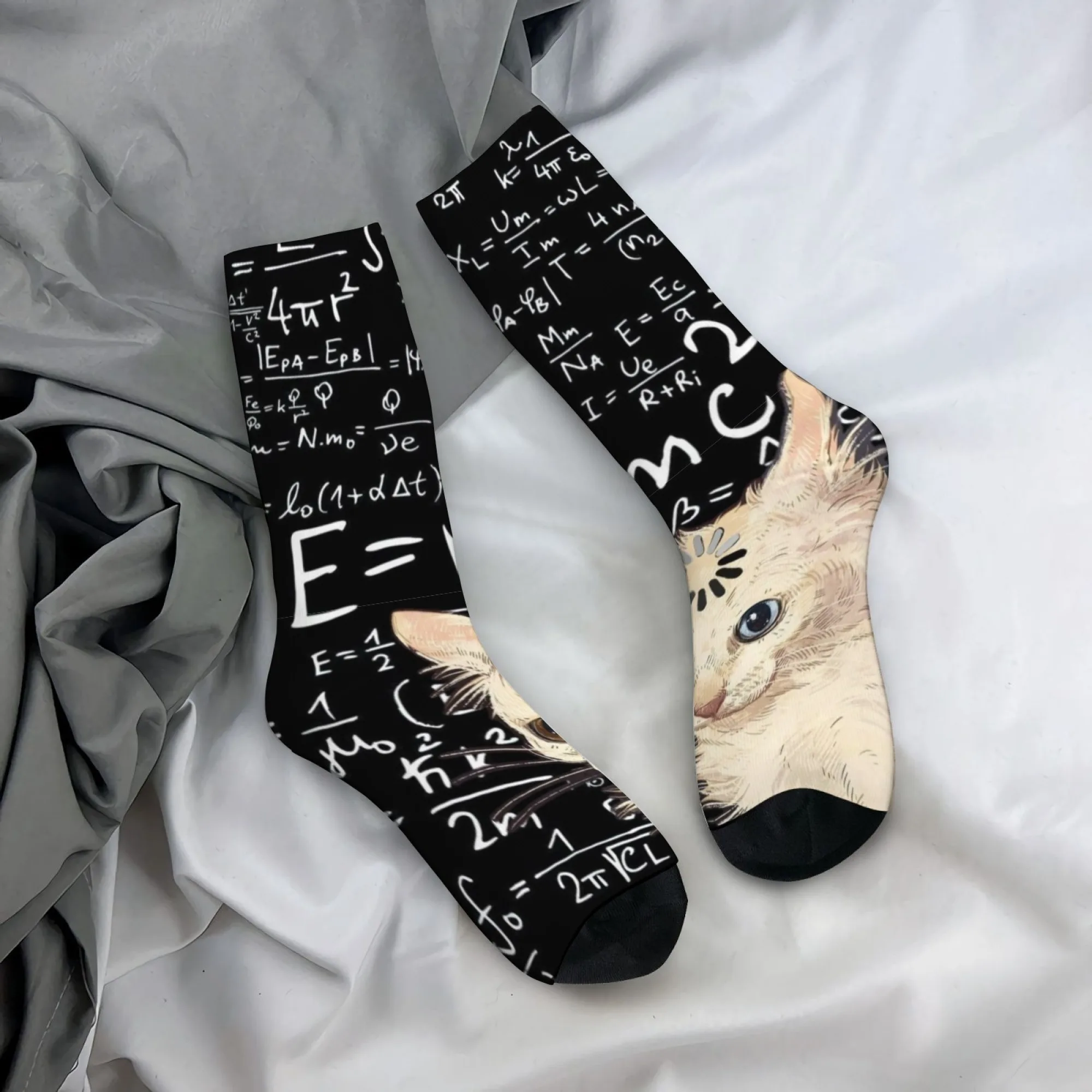 Schrödinger's Cat Science Formula Theme Print Men's Mid-Calf Socks Black Cute Funny Novel Hardcore STEM Style Student Socks