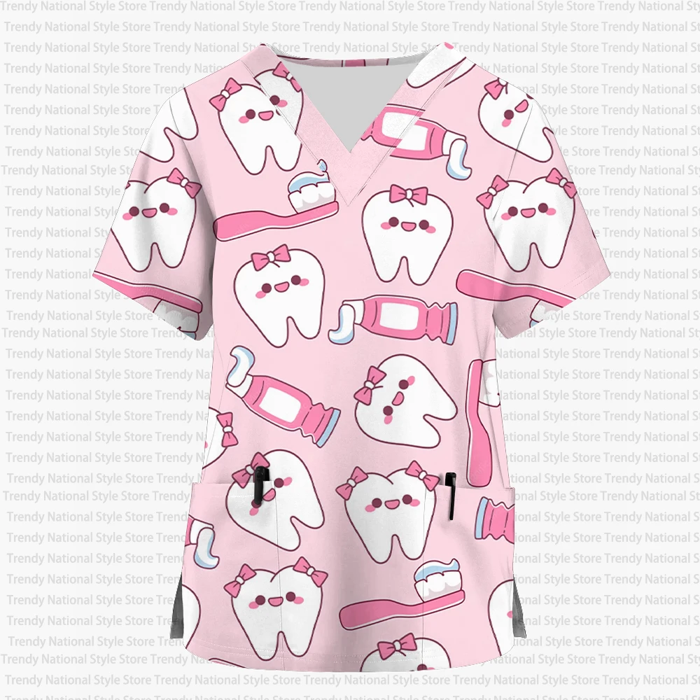 Medical Lab Uniform - 新作夏用女性用病院クリニック歯科ペットショップケアユニフォームTシャツVネック半袖フロストトッププリントデザイン入り