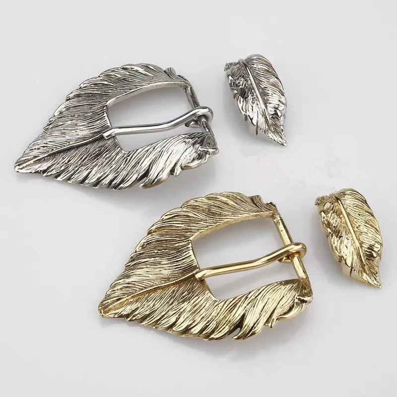 Vintage Brass Antique Silver Color Metal Cow Men Ms Leaves Design Belt Buckle 2pcs Parts/Set DIY Handmade Leather Craft for