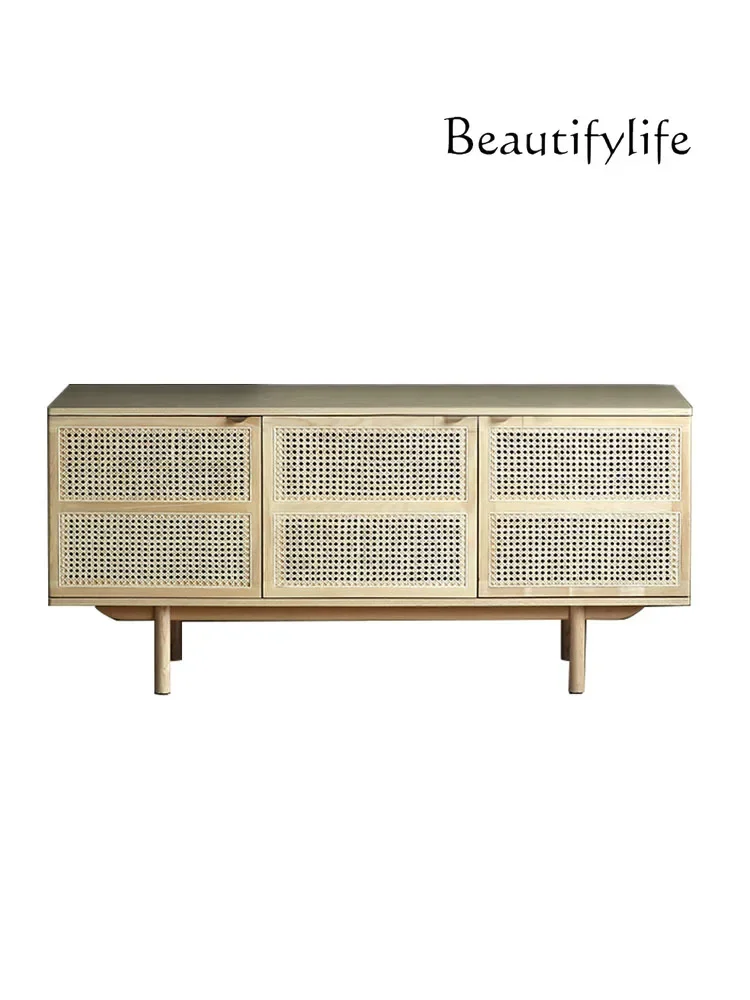 

Nordic style rattan solid wood retro dining side cabinet new Chinese bedroom design entrance shoe cabinet