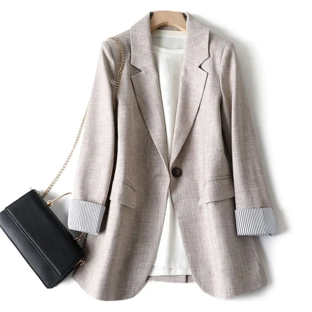 Long Sleeve Suit Coat Elegant Women's Suit Coat with Lapel Collar Striped Cuffs Single Button Closure Flap Pockets for Commuting