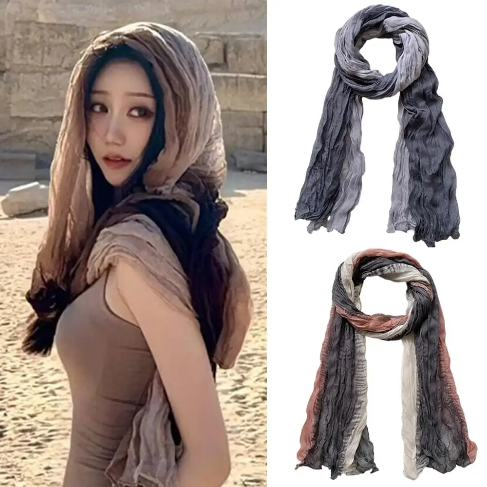 Muslimischer Crinkle-Hijab-Kopftuch, dünner langer Streifen-Kopftuch, Batik-Baumwoll-Leinen-Schal, modische, schlichte, zerknitterte Schals mit Farbverlauf