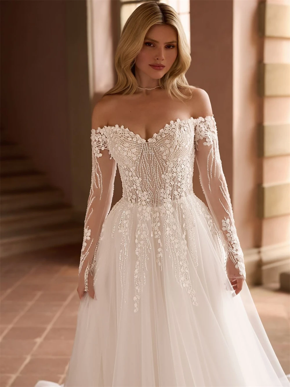 

Customized Graceful White Organza Wedding Dress Soft Sweetheart Long Sleeves Bridal Gowns Boho A-Line Court Train Robe de mariée