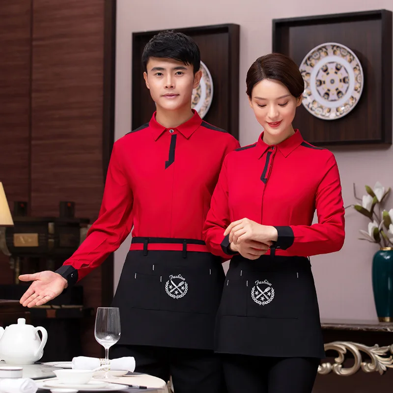 Uniformes de trabalho do hotel outono inverno feminino pote quente restaurante churrasco casa chá estilo chinês garçom manga longa unisex