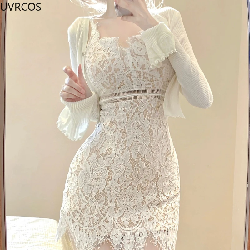 2024 Autumn Elegant Lace Lolita Dress Suit Woman Sweet Casual Short Cardigan Sexy Slim Y2k Mini Skirt Korean Fashion 2 Piece Set