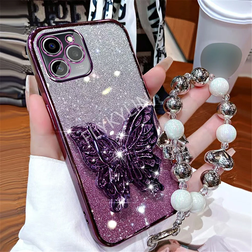 Honor 200 Pro 3D Butterfly Phone Holder Bead Bracelet Glitter Plating Case For Honor 200 90 100 80 70 60 50 Pro SE Stand Cover