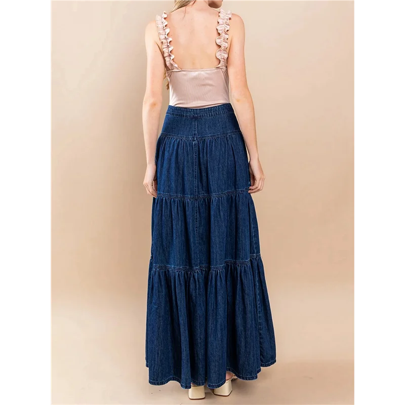 

A83F-Women's Long Jean Denim Tiered Button Down High Waisted Maxi Skirts