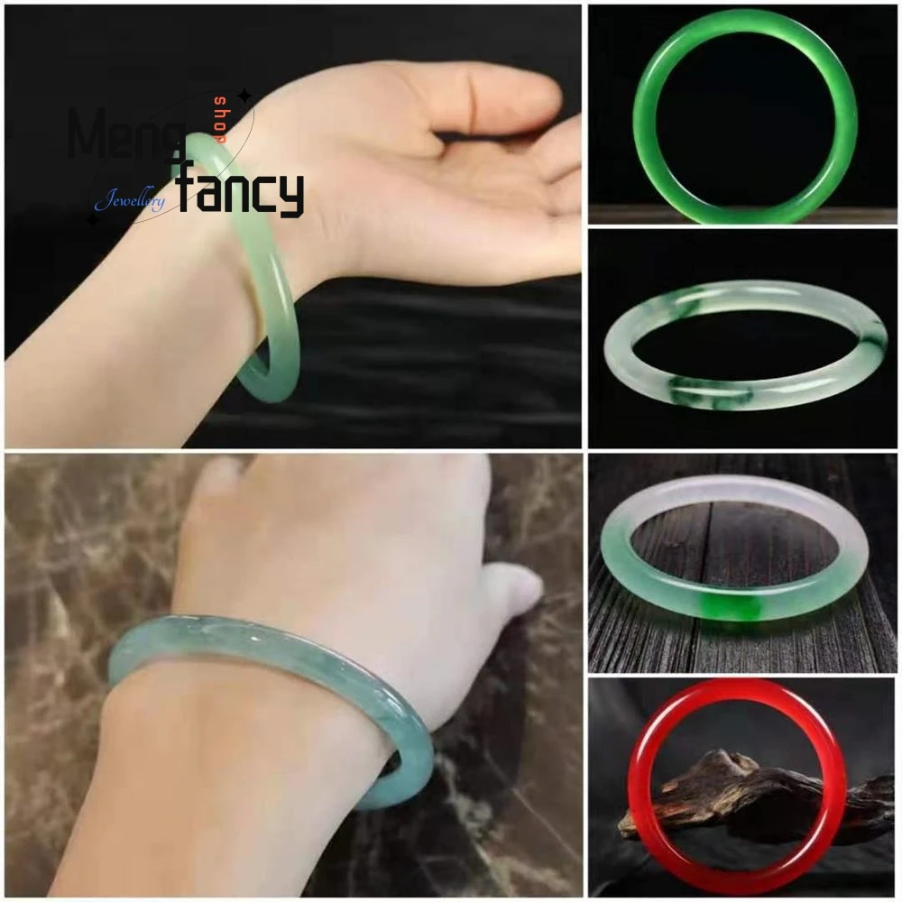 High Quality Icy Transparent Light Green Floating Flower Thin Round Bar Multi-color Natural Quartzite Jade Bangle Luxury Jewelry