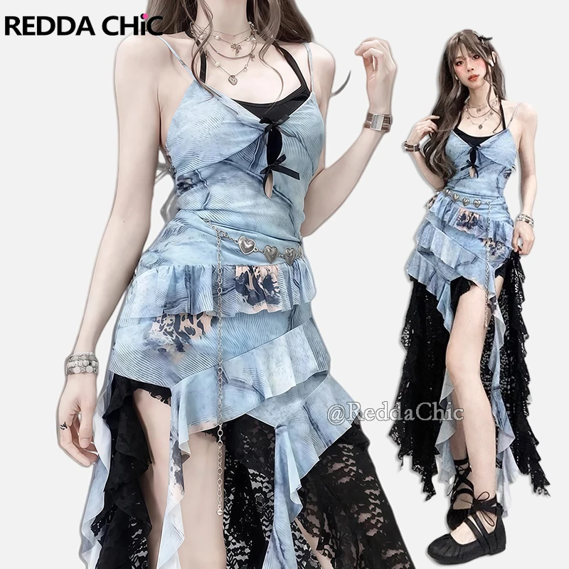 REDDACHiC Women Matching Set Built-in Bra Top Bow Cut-out Cami Dress Ruffle Flowy High-Low Long Skirt Party Festival Streetwear