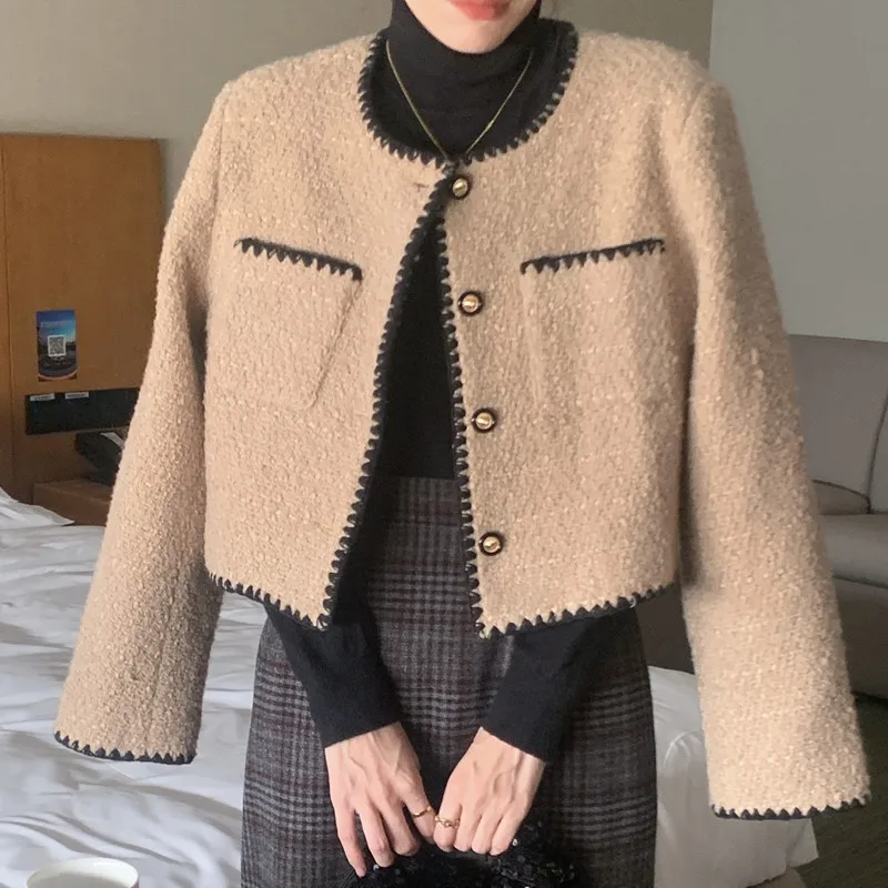 Winter Autumn Vintage Fashion Lady Jacket 2023 New Arrivals Long Sleeves Round Neck Short Cut Single Breast