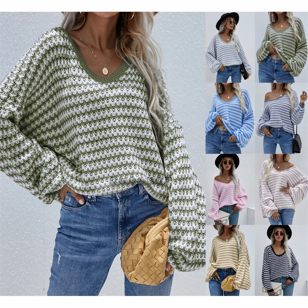

Women's V-ne Knitwear Long Sve Striped Loose Fit Oversize Sweater Autumn Winter Faion Casual Street Sle Top