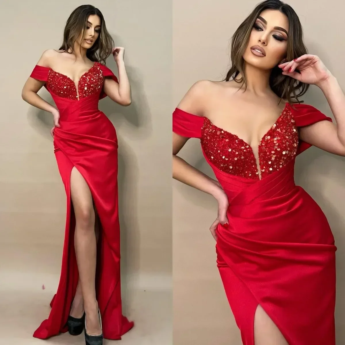 Sexy  And Hot  Red Ball Dress With Sequins Off Shoulder Evening Gown Pleated Semi Luxurious Formal Red Carpet Long Customized