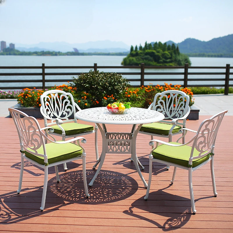 Combination Iron Art Leisure Outdoor Garden Balcony Table and Chair Cast Aluminum Three to Five Piece Set White