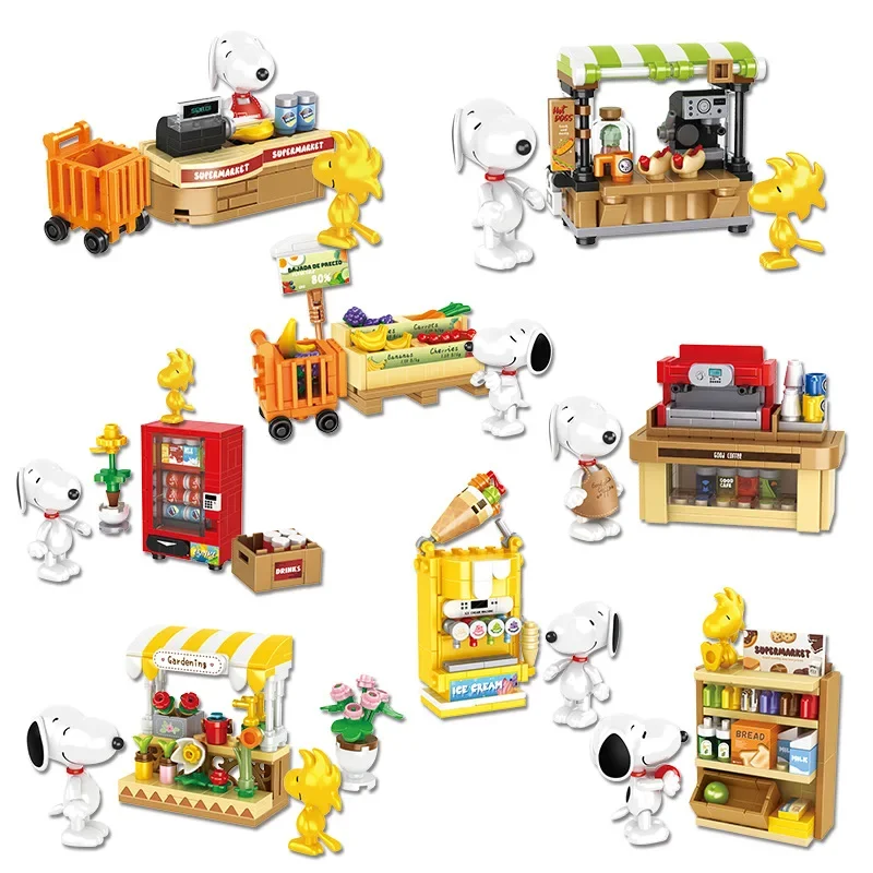 8 sztuk Snoopy Supermarket codzienne klocki montaż Model pies Mini cegły rysunek Snoopy House zabawki na prezenty świąteczne