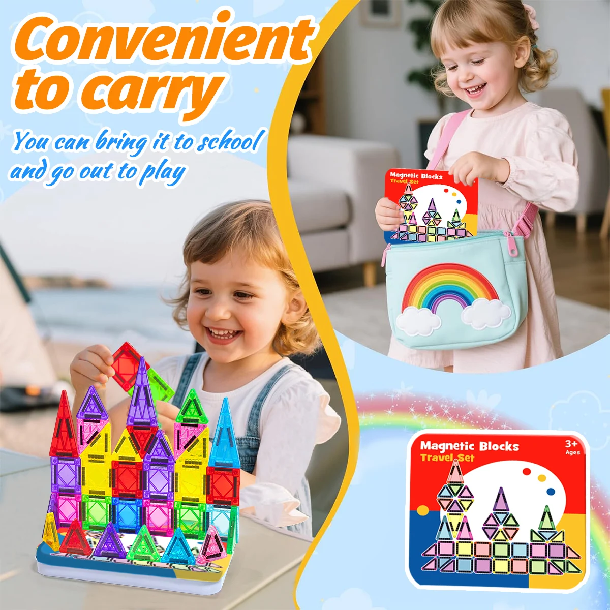 ชุดตัวต่อแม่เหล็ก 62 ชิ้น ชุดก่อสร้าง DIY ของเล่นเสริมพัฒนาการแบบมอนเตสซอรี่ สำหรับเด็กอายุ 3 ปีขึ้นไป พร้อมกล่องเหล็ก