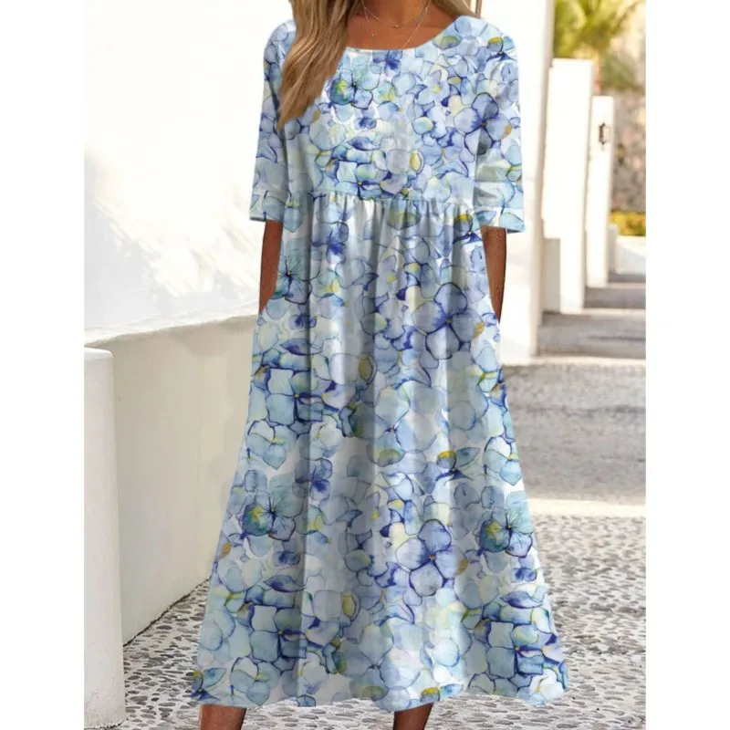 Spring Summer Dresses For Women 2024 New Floral Print Short Sleeve O-Neck Casual Loose Fashion Daily Streetwear Ladies Vestidos