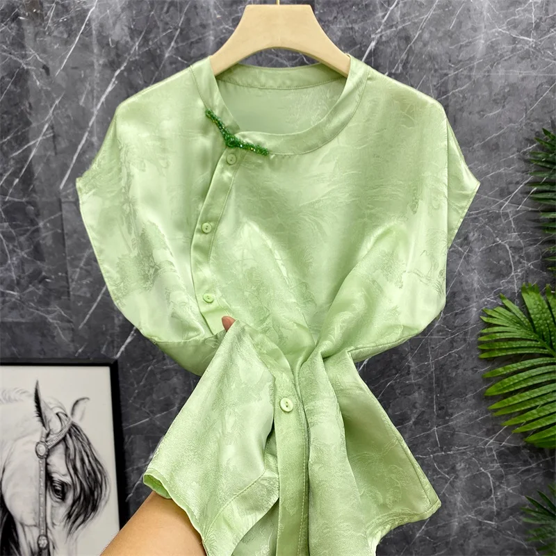 

Elegant New Chinese Style Silk Shirt Light Green Color Pearl Embellished Short Sleeve round Neck Straight Cut Top for W...