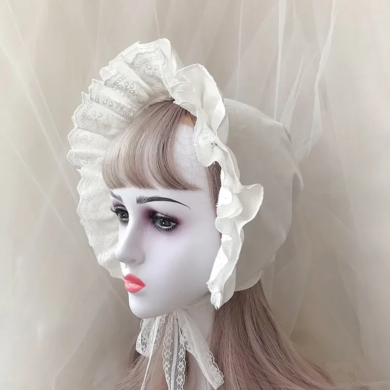 Lolita Ruffled Bonnet Hat 56CM Women Girls Victorian Medieval Vintage Maid Cosplay Lace-up Adjustable Hat  Pumpkin Cap