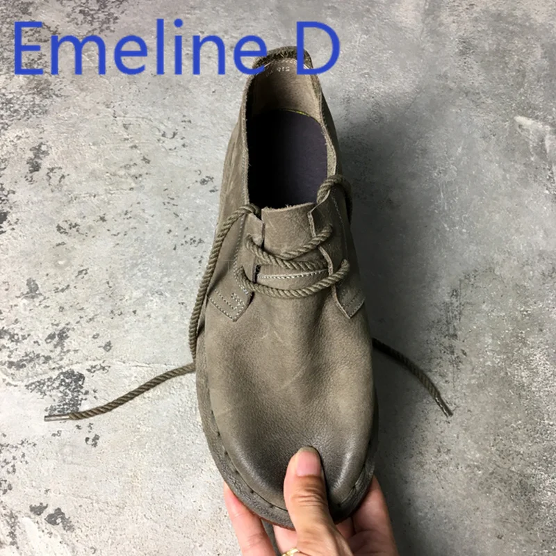 Handmade Retro Big Head Men's Shoes with Lace Up Round Toe Cowhide Soft Sole Breathable Casual Single-Layer Leather Shoes