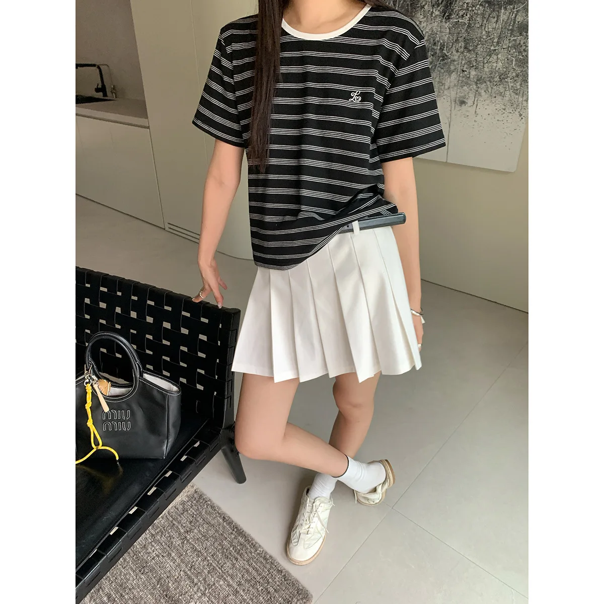 

Belted Suit Pleated Short Petite Skirts Slimming Half Women Summer A-line Skirt