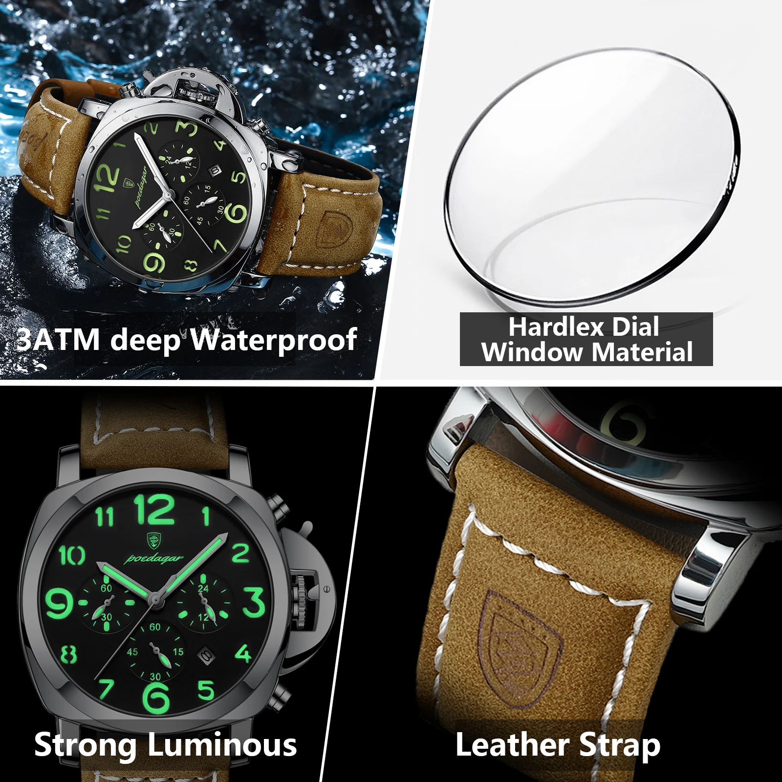 POEDAGAR-Reloj militar de lujo para hombre, resistente al agua, luminoso, de cuero, de cuarzo, deportivo, de alta calidad