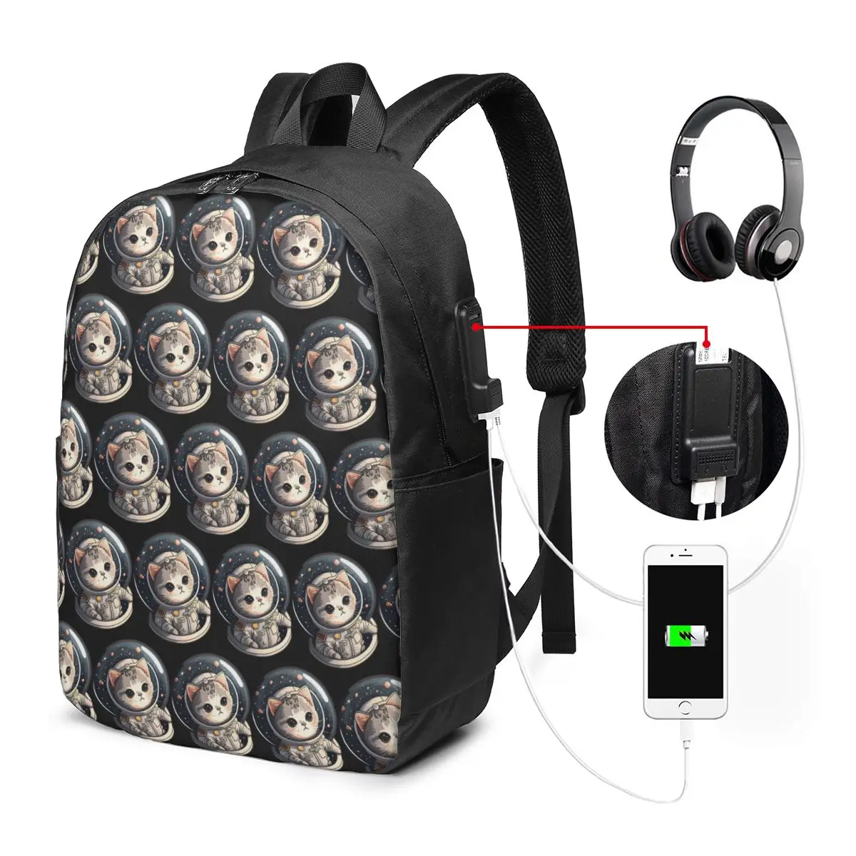 Whimsical Astronaut Cat And Stars In Space Backpack Travel Notebook Bag Computer College Student School Bag Laptop Shoulder Bags