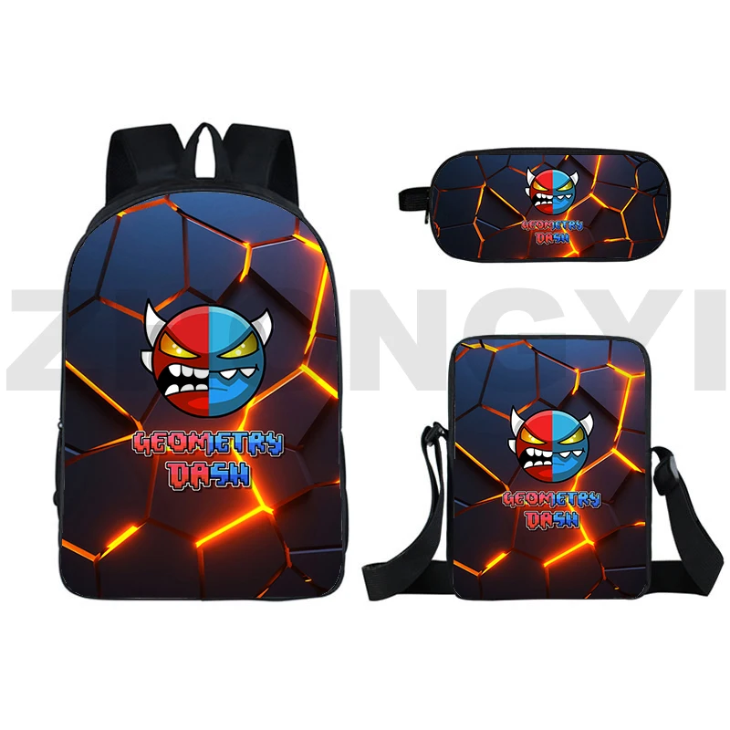 Anime Vintage Canvas Handbags para homens e mulheres, Angry Geometry Dash 3D Backpacks, Laptop Bookbag, sacos de viagem para crianças, mochilas escolares, moda