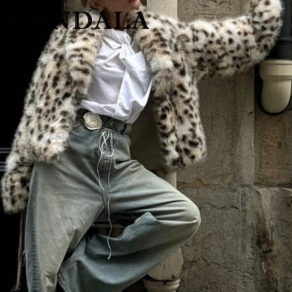 KONDALA Chic Winter Furry Leopard Faux Fur Warm Party Women Jacket Luxurious Fashion 2025 Outwear Night Party Elegant Noble Coat