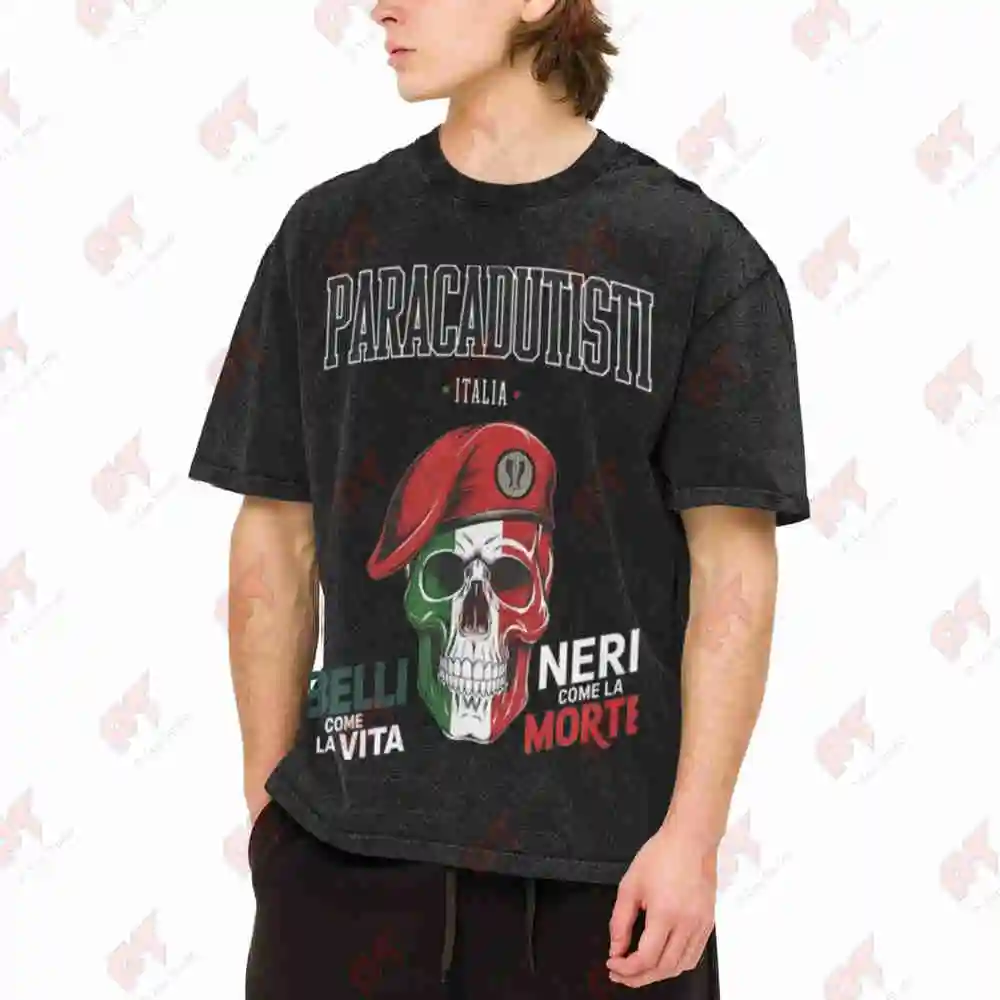 Parachutist Skydiving Skull Bella Vita Vintage Washed Tee Pure Cotton T-Shirt